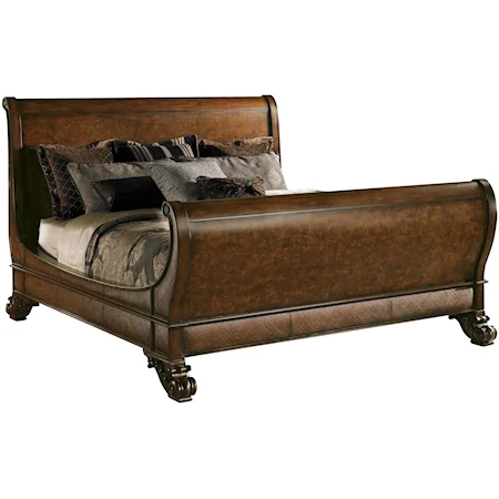 Queen-Size Casablanca Sleigh Bed with Woven Wicker Inlay & Solid Brass Rosettes